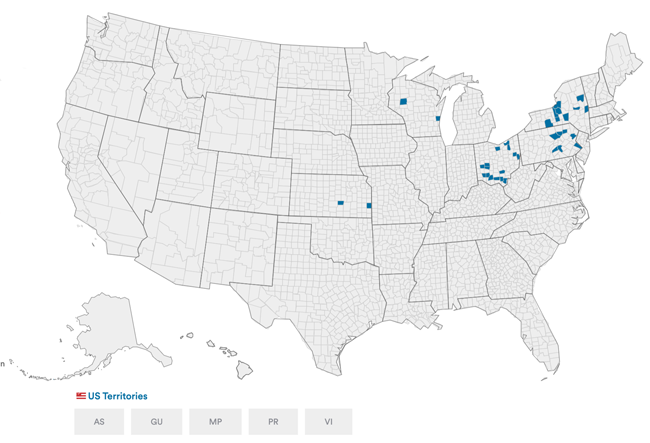 Gray map showing in blue which jurisdictions will use the ClearCast or ClearCast Go scanner in the 2024 general election