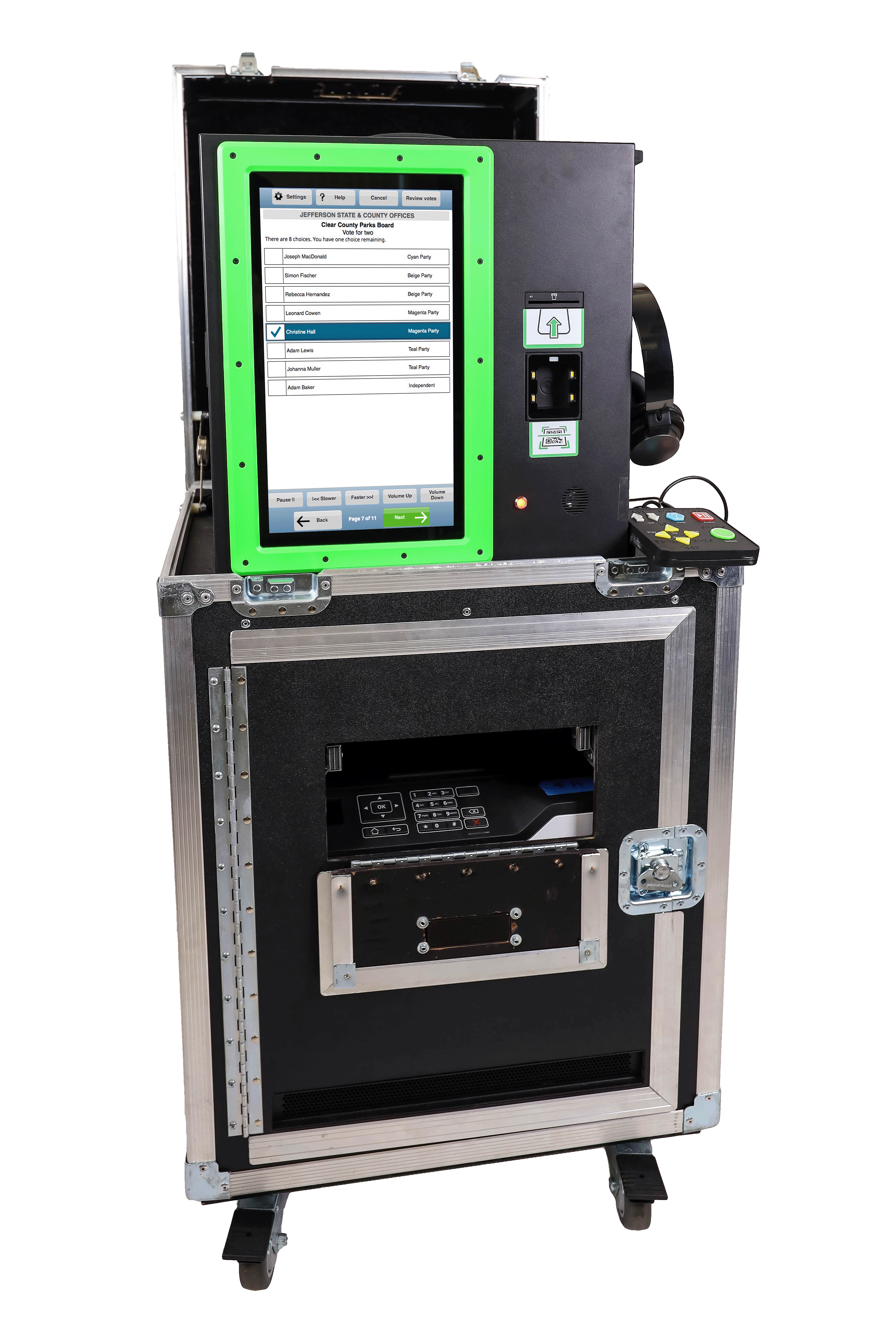 Clear Ballot ClearMark Touchscreen voting machine with neon green frame is positioned on black and silver base. Base has a locked door and wheels. To the right of touchscreen is a tactile controller and headphones.