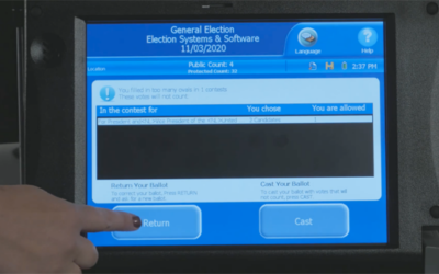 ds200 return ballot copy White hand with nail polish presses Return button on blue ballot scanner screen. Screen reads General Election, Election Systems & Software, 11/03/2020 and includes a Return button and a Cast button