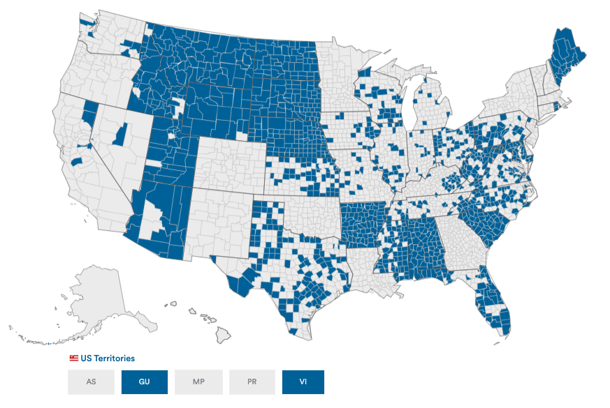 Illustrated map of the United States showing in blue where the ExpressVote is in use for the November 2024 elections