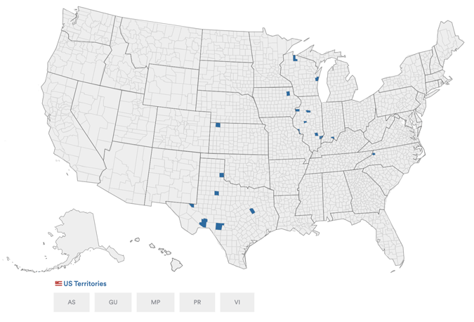 Map of US showing in blue the few counties using Model 100 scanners in the November 2024 election